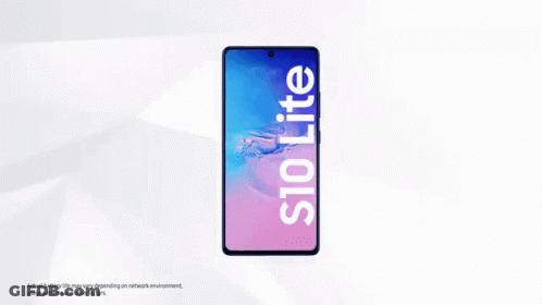 A Blue Samsung Galaxy S10 Lite Phone Is Sitting On A White Background . GIF