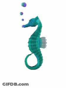 A Blue Seahorse With Two Purple Bubbles Coming Out Of It 'S Mouth GIF