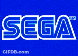A Blue Sega Logo Is Lit Up On A Dark Background GIF