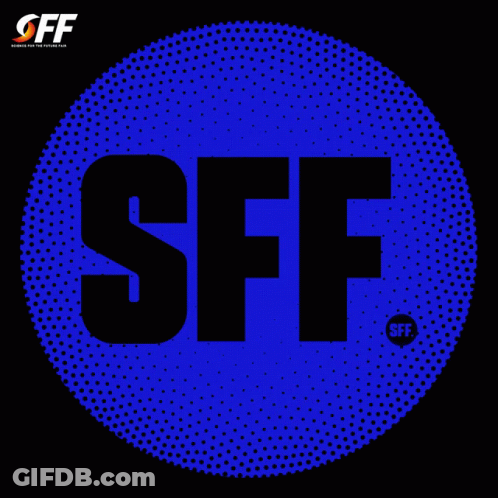 A Blue Sff Logo With A Black Circle Around It GIF
