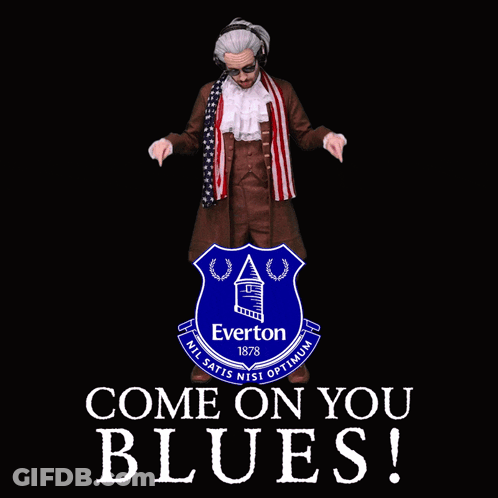 A Blue Shield With The Word Everton In White Letters GIF