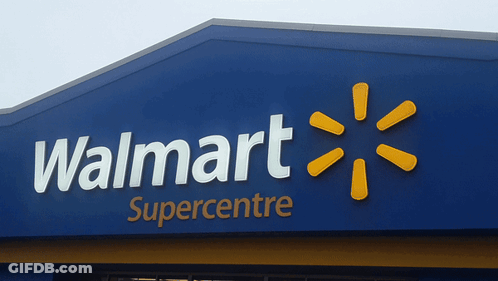 A Blue Sign For Walmart Supercentre With A Yellow Star GIF