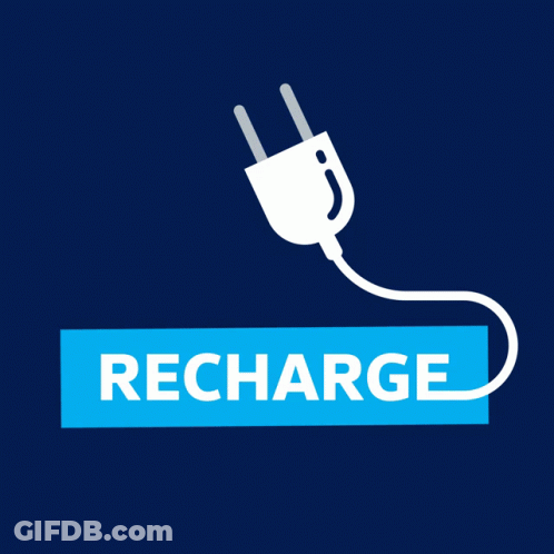 A Blue Sign That Says Recharge With A Plug On It GIF