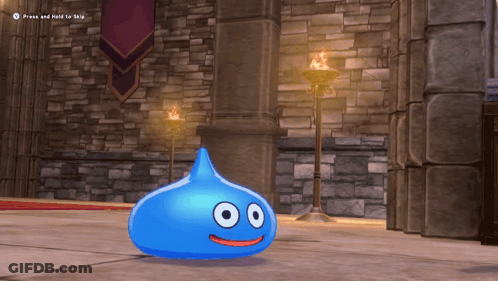 A Blue Slime In A Video Game With The Words Press And Hold To Skip On The Bottom GIF