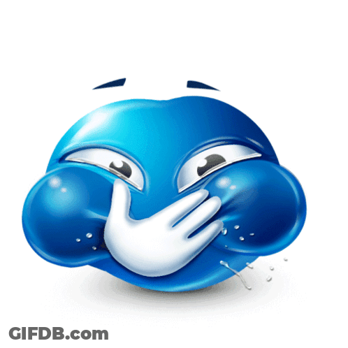 A Blue Smiley Face Covering Its Mouth With A White Hand GIF