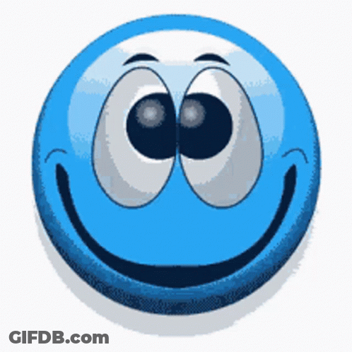A Blue Smiley Face With Big Eyes And A Smile On Its Face GIF