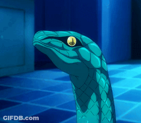 A Blue Snake With A Yellow Eye And A Clock On Its Head GIF