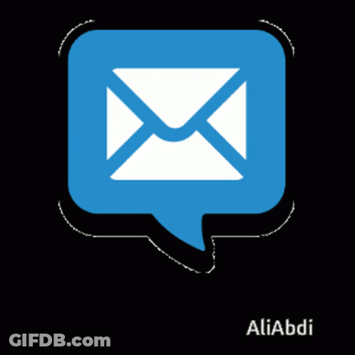 A Blue Speech Bubble With An Envelope Inside Of It And The Name Aliabdi Below It GIF