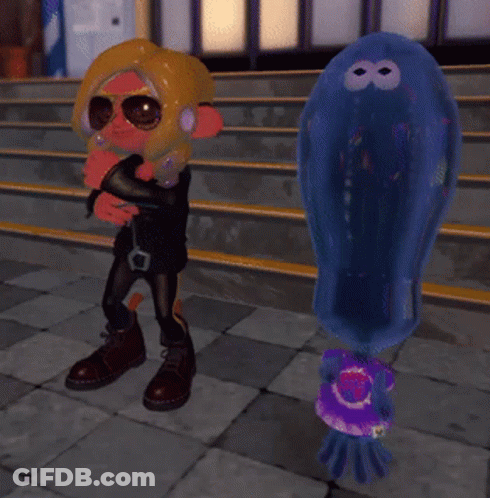 Blue Squid Next To Cartoon Character GIF