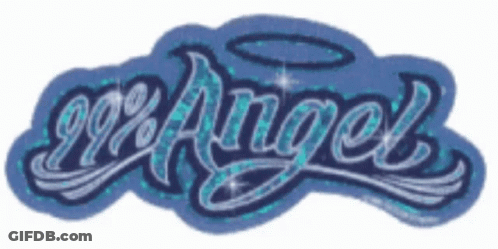 A Blue Sticker That Says ' Angel ' On It GIF