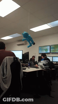 A Blue Stuffed Animal Is Hanging From The Ceiling Above A Group Of People Sitting At Desks GIF