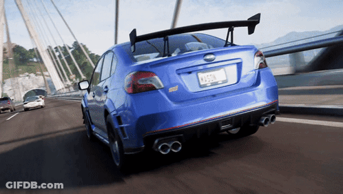 A Blue Subaru With A License Plate That Says Yj504 Is Driving On A Bridge GIF