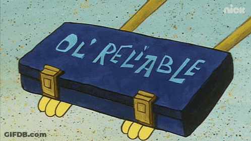 A Blue Suitcase With The Words Ol Reliable Written On It GIF