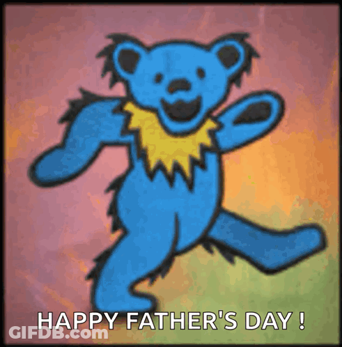 A Blue Teddy Bear Dancing With The Words Happy Father 'S Day Written Below It GIF