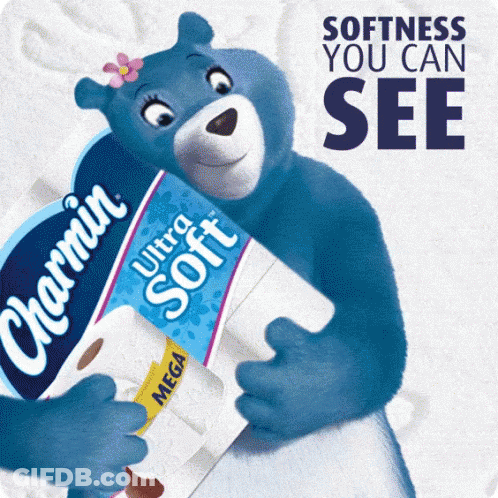 A Blue Teddy Bear Holding A Roll Of Charmin Ultra Soft Toilet Paper GIF