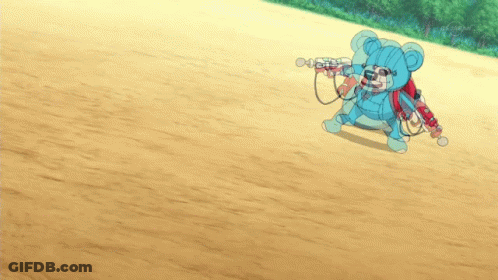 A Blue Teddy Bear Is Holding A Gun On A Dirt Ground GIF