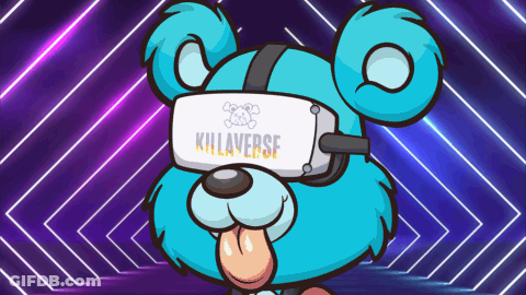 A Blue Teddy Bear Wearing A Virtual Reality Headset With Killaverse On It GIF