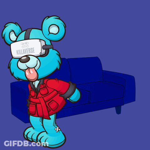 A Blue Teddy Bear Wearing A Virtual Reality Headset With Killaverse On It GIF