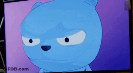 A Blue Teddy Bear With A Purple Background Is On A Television Screen GIF