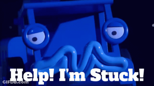 A Blue Toy Truck With The Words Help I 'M Stuck On It GIF