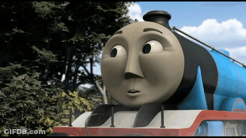 A Blue Train With A Face That Looks Surprised GIF