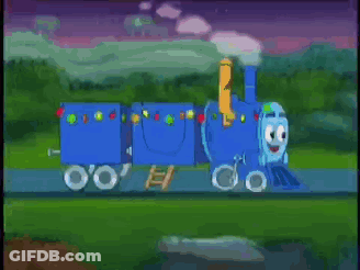 A Blue Train With A Smiley Face On It GIF