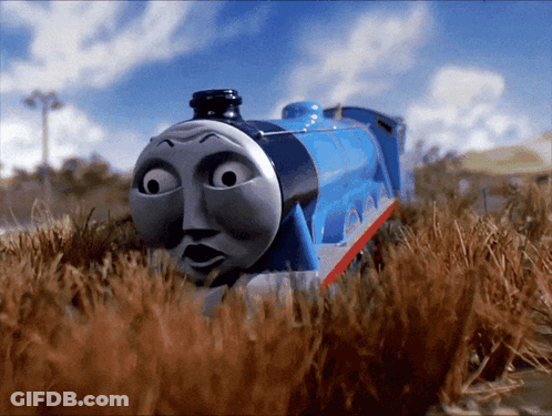 A Blue Train With The Name Gordon On The Side Of It GIF