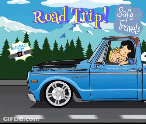 A Blue Truck Is Driving Down A Road With The Words Road Trip Safe Travels GIF
