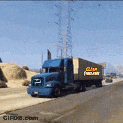A Blue Truck With Clash Streamers Written On The Side Of It GIF