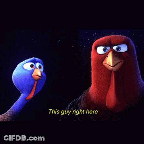 A Blue Turkey And A Red Turkey Are Standing Next To Each Other With A Caption That Says This Guy Right Here GIF