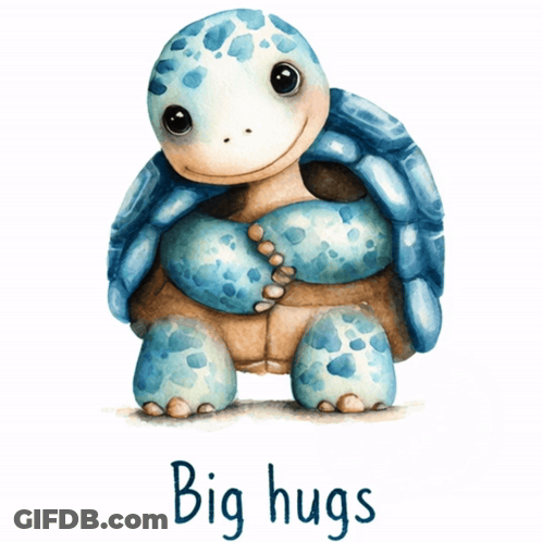 A Blue Turtle Is Hugging Another Turtle And The Words Big Hugs Are Below It GIF