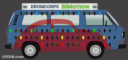 A Blue Van With Christmas Lights On The Side And A Sign That Says Drumcorps Bimotion GIF