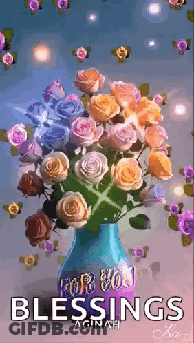 A Blue Vase Filled With Roses With The Words For You Blessings GIF