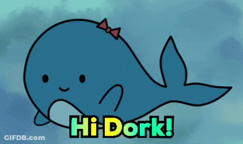 A Blue Whale With A Red Bow And The Words Hi Dork On The Bottom GIF