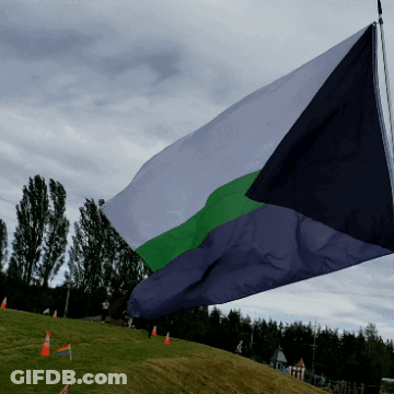 A Blue White And Green Flag Is Flying In The Wind On Top Of A Grassy Hill GIF