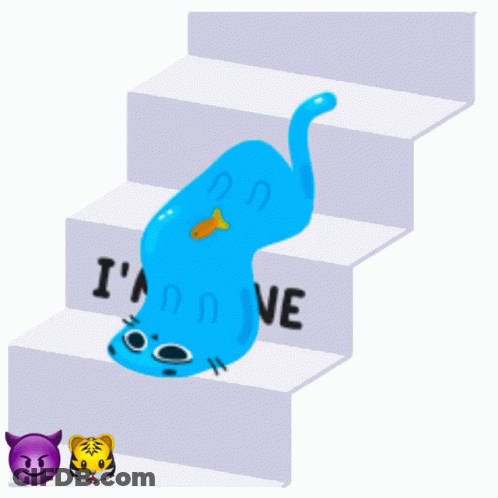 A Blue Worm Is Laying On A Set Of Stairs With The Words I 'M Fine Below It GIF