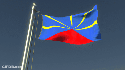 A Blue Yellow And Red Flag Is Waving In The Wind Against A Blue Sky GIF
