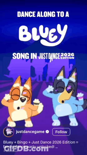 A Bluey Poster That Says " Dance Along To A Bluey " On It GIF