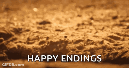 A Blurred Image Of A Beach With The Words `` Happy Endings '' Written In White Letters . GIF