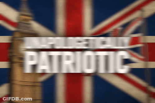 A Blurred Image Of A British Flag With The Words Patriotic In White Letters GIF