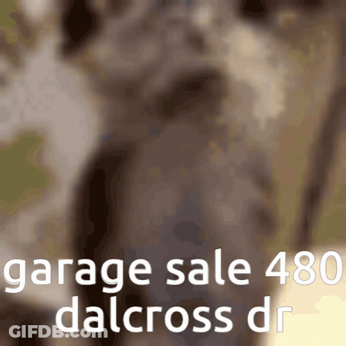 A Blurred Image Of A Donkey With The Words Garage Sale 480 Dalcross Dr Below It GIF
