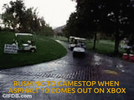 A Blurred Image Of A Golf Course With The Words Rushing To Gamestop When Asphalt 10 Comes Out On Xbox GIF