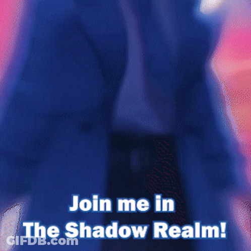 A Blurred Image Of A Man With The Words Join Me In The Shadow Realm Below Him GIF