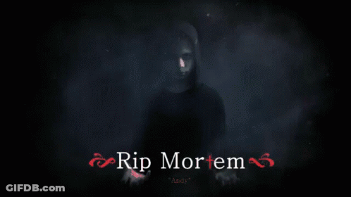 A Blurred Image Of A Man With The Words Rip Mortem Written In Red GIF