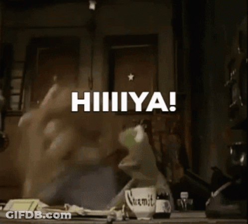 A Blurred Image Of A Person In A Kitchen With The Words Hiiiiiiya Written On It GIF