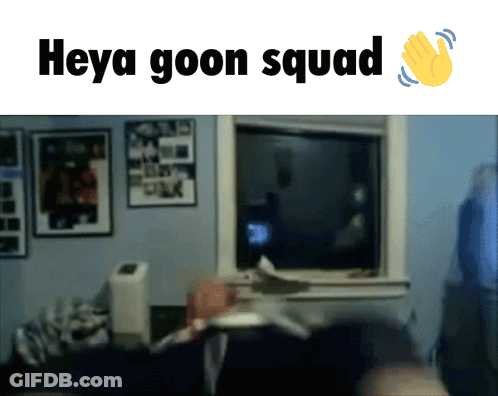A Blurred Image Of A Room With The Words Heya Goon Squad Below It GIF