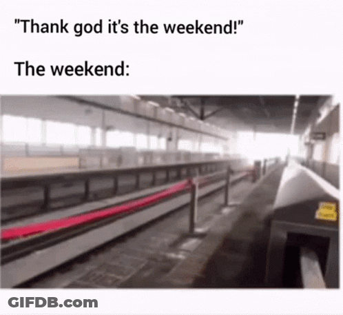 A Blurred Image Of A Train Station With The Words " Thank God It 'S The Weekend " At The Top GIF