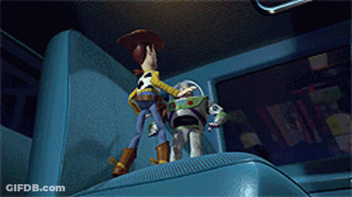 A Blurred Image Of Buzz Lightyear Reaching For Something GIF