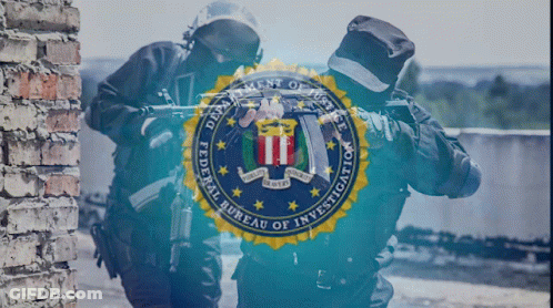 A Blurred Image Of Two Men Holding Guns With The Department Of Justice Federal Bureau Of Investigation Logo In The Backg GIF