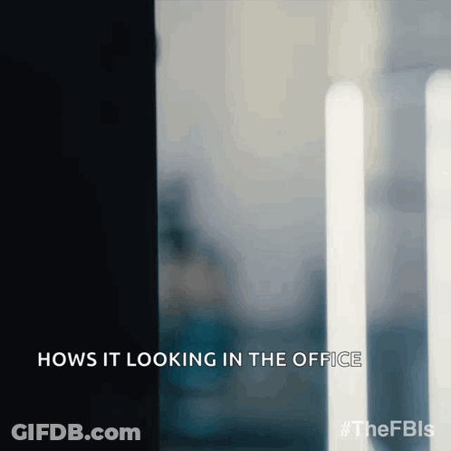 A Blurred Image With The Words Hows It Looking In The Office Written Below It GIF